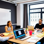 **Image:** A diverse group of people participating in a brainstorming workshop. Include laptops, sticky notes, and a whiteboard filled with ideas. The atmosphere should be collaborative and energetic. In the style of a vibrant, modern office space in Warsaw.