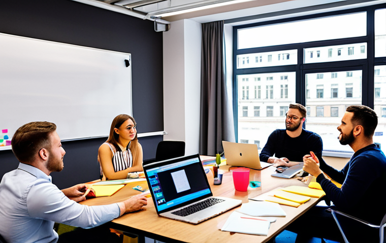 **Image:** A diverse group of people participating in a brainstorming workshop. Include laptops, sticky notes, and a whiteboard filled with ideas. The atmosphere should be collaborative and energetic. In the style of a vibrant, modern office space in Warsaw.